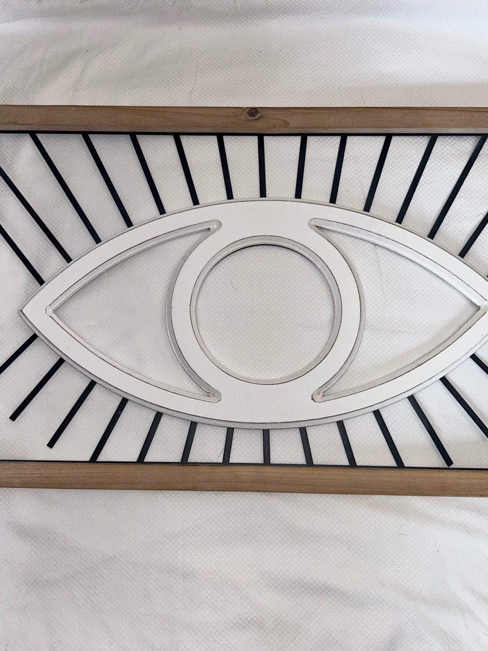 Custom made White Eye Wall Decor with Black Accents and Natural Wood Frame